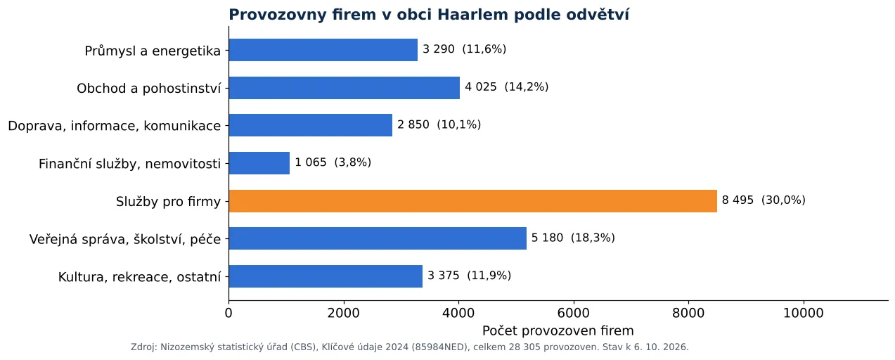 Čištění vzduchotechniky v Haarlemu: počet provozoven firem podle odvětví dle CBS 2024 (graf)