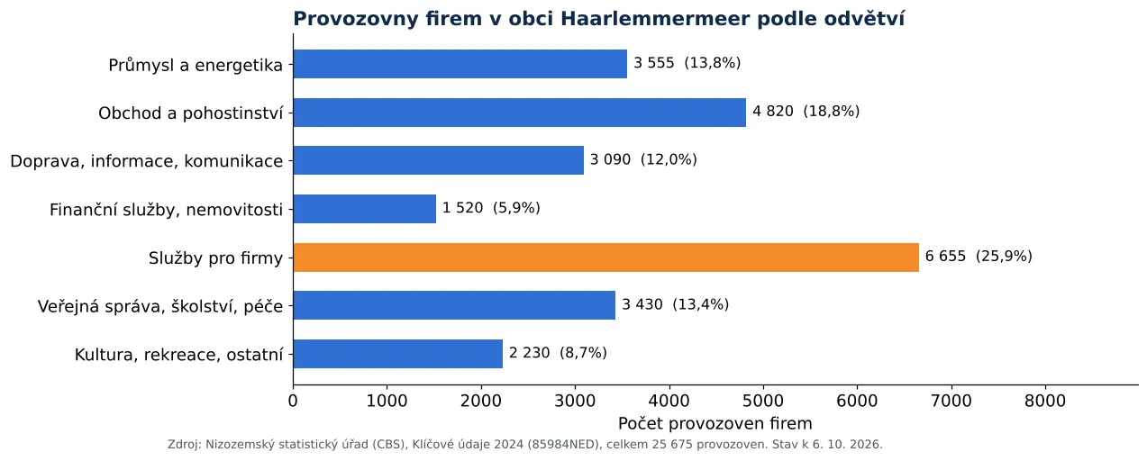 Čištění vzduchotechniky v obci Haarlemmermeer: počet provozoven firem podle odvětví dle CBS 2024 (graf)