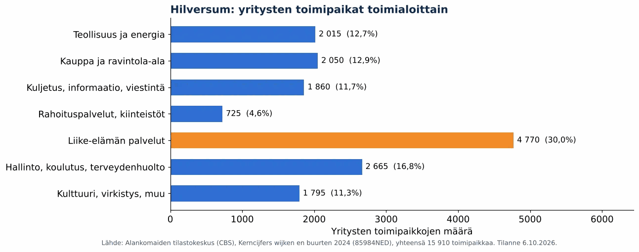 Ilmanvaihtokanavien puhdistus Hilversumissa: yritysten toimipaikat toimialoittain, CBS 2024 (kaavio)