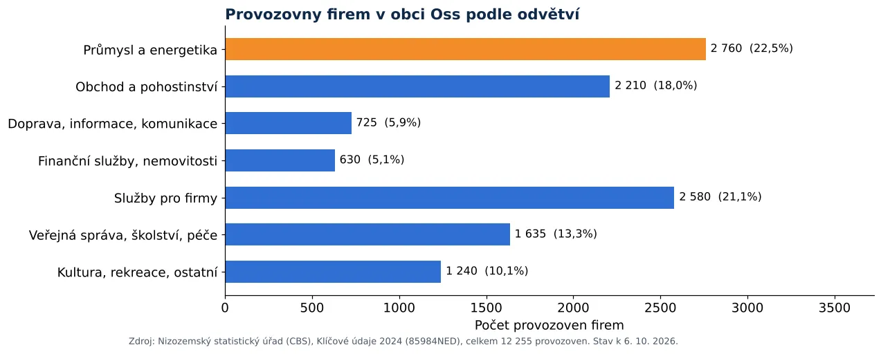 Čištění vzduchotechniky v Ossu: počet provozoven firem podle odvětví dle CBS 2024 (graf)