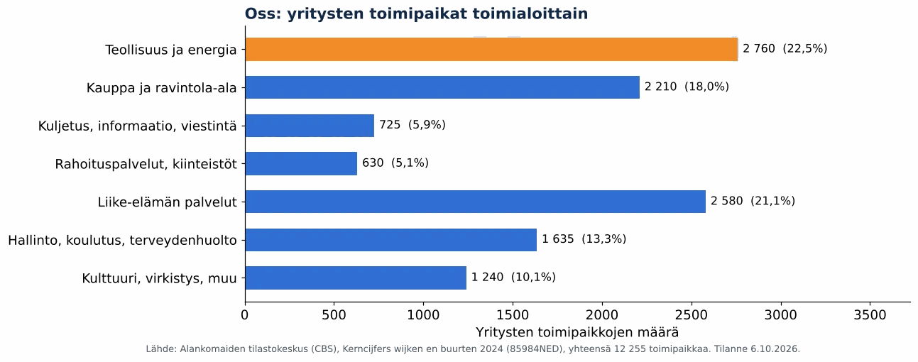 Ilmanvaihtokanavien puhdistus Ossissa: yritysten toimipaikat toimialoittain, CBS 2024 (kaavio)