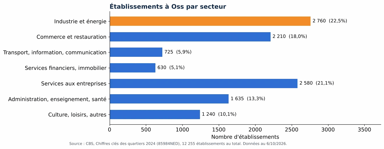 Nettoyage des gaines de ventilation à Oss: nombre d'établissements par secteur selon le CBS 2024 (graphique)