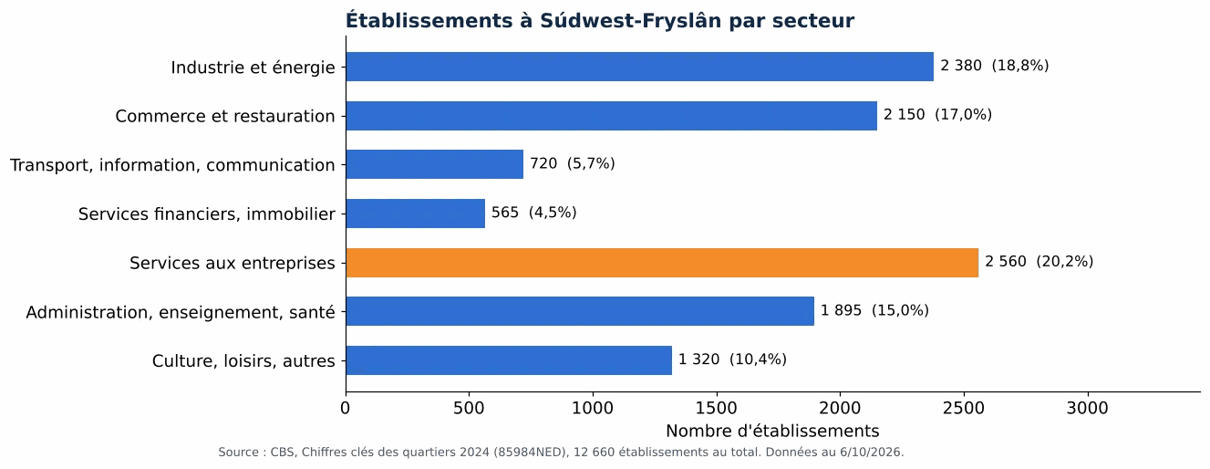 Nettoyage des gaines de ventilation en Súdwest-Fryslân: nombre d'établissements par secteur selon le CBS 2024 (graphique)