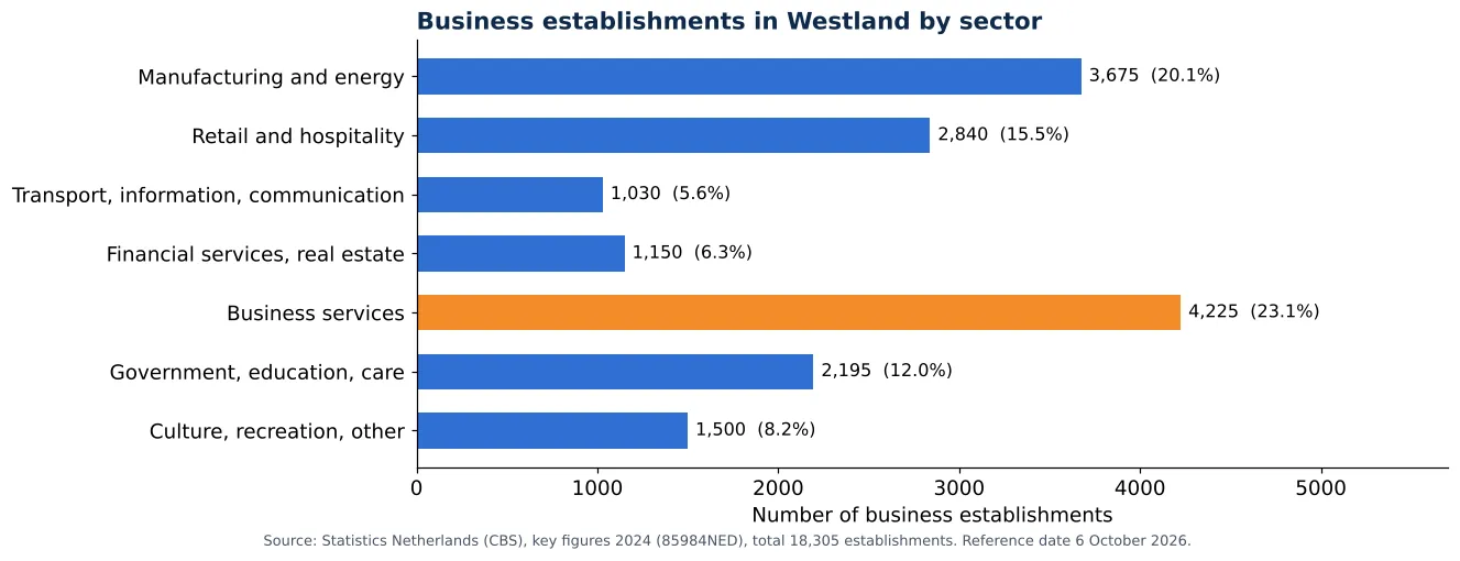 Air duct cleaning in Westland: number of business establishments per sector according to CBS 2024 (chart)
