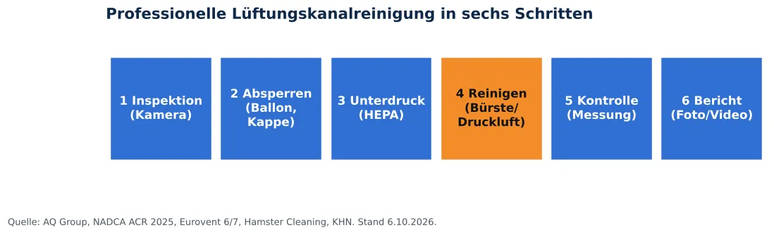 Lüftungskanäle reinigen: Ablauf für Profis: sechs Schritte der professionellen Kanalreinigung von der Inspektion bis zum Bericht (Grafik)