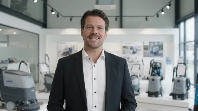 Luchtkanalen reinigen met professionele apparatuur: stilstaand beeld uit een AI-gegenereerde video in een showroom met professionele